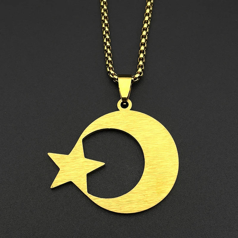 Gold Crescent Moon Star Necklace — Stainless Steel