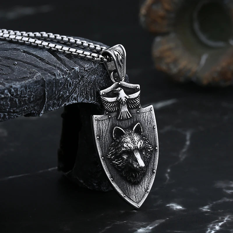 Viking Shield Wolf Pendant Necklace — Stainless Steel