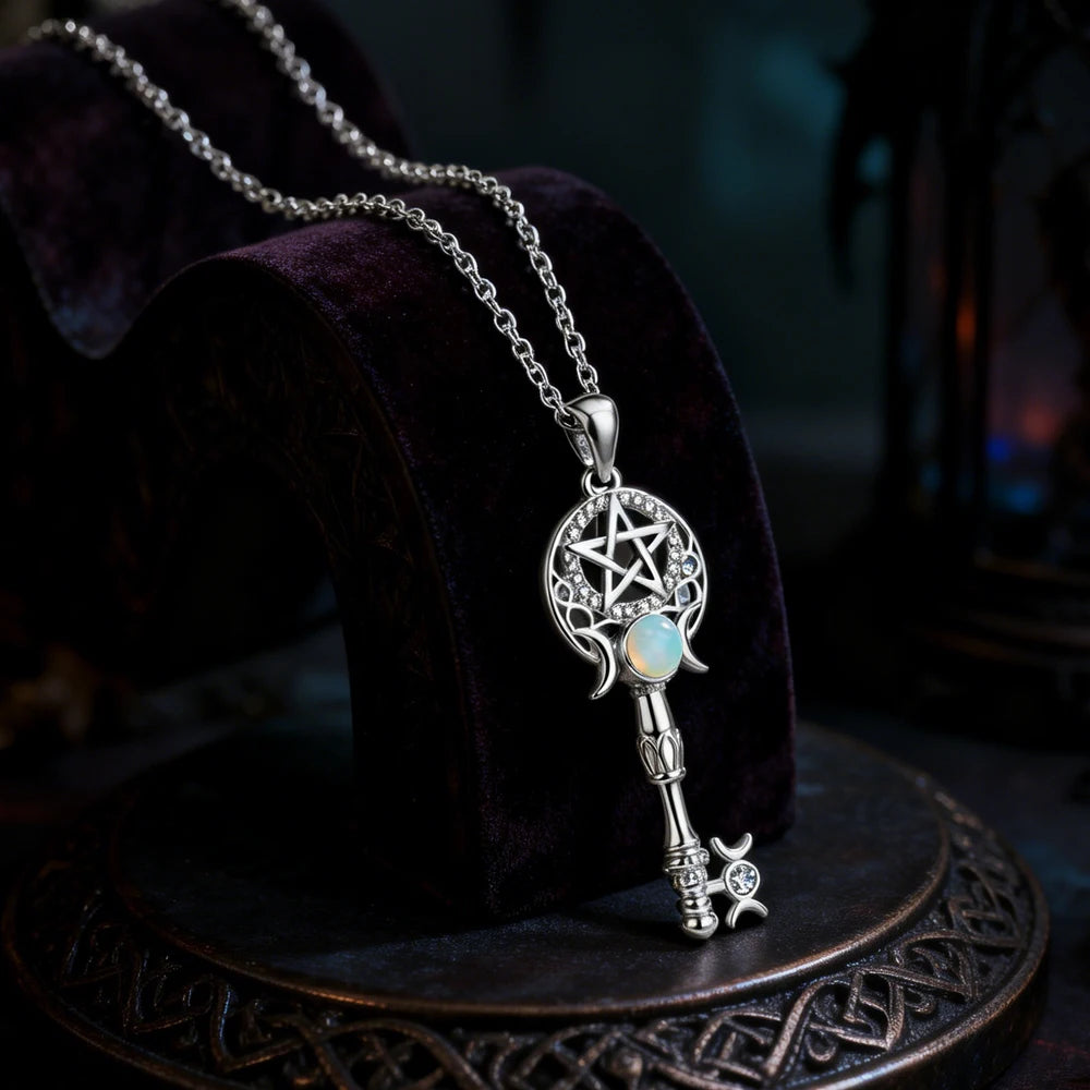 Witchcraft Triple Moon Goddness Key Shape Necklaces Opal Zircons Pentagram Symbol Pendant Witch Amulet Protection