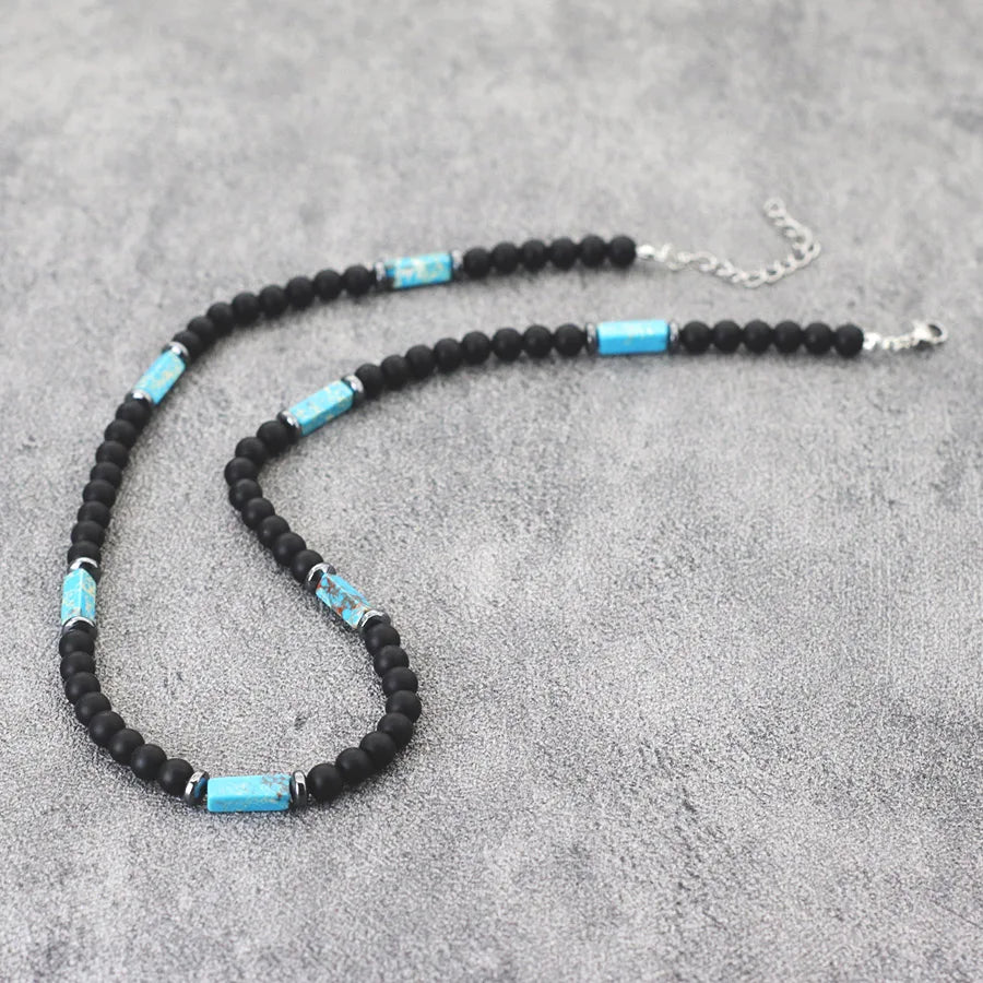 Unique Natural Stone Necklace For Men 19 Inches Short Choker Stainless Steel Buckle Square Tiger Eyes Beads Cycling Accessories