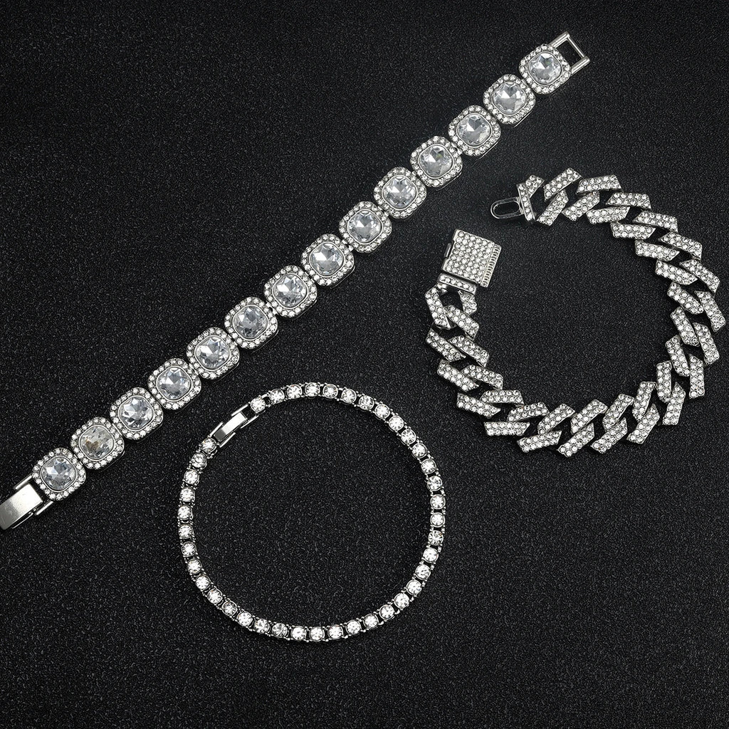 3pcs Men Women Stylish Bracelet Set Silver Cuban Chain+Tennis Chain+Sugar Chain Light Luxury Iced Out Hip-hop Punk Jewelry Gift