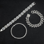 3pcs Men Women Stylish Bracelet Set Silver Cuban Chain+Tennis Chain+Sugar Chain Light Luxury Iced Out Hip-hop Punk Jewelry Gift