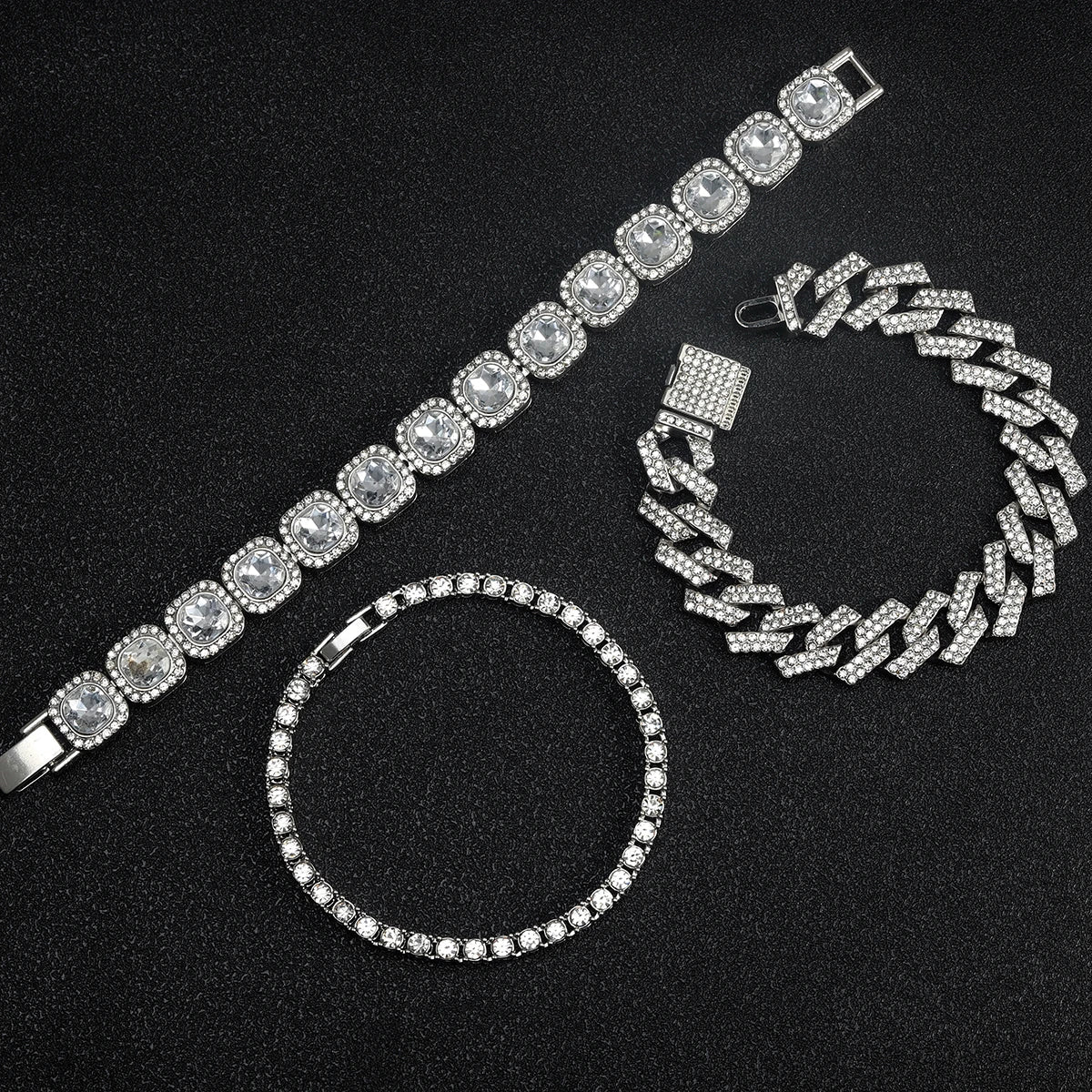 3pcs Men Women Stylish Bracelet Set Silver Cuban Chain+Tennis Chain+Sugar Chain Light Luxury Iced Out Hip-hop Punk Jewelry Gift