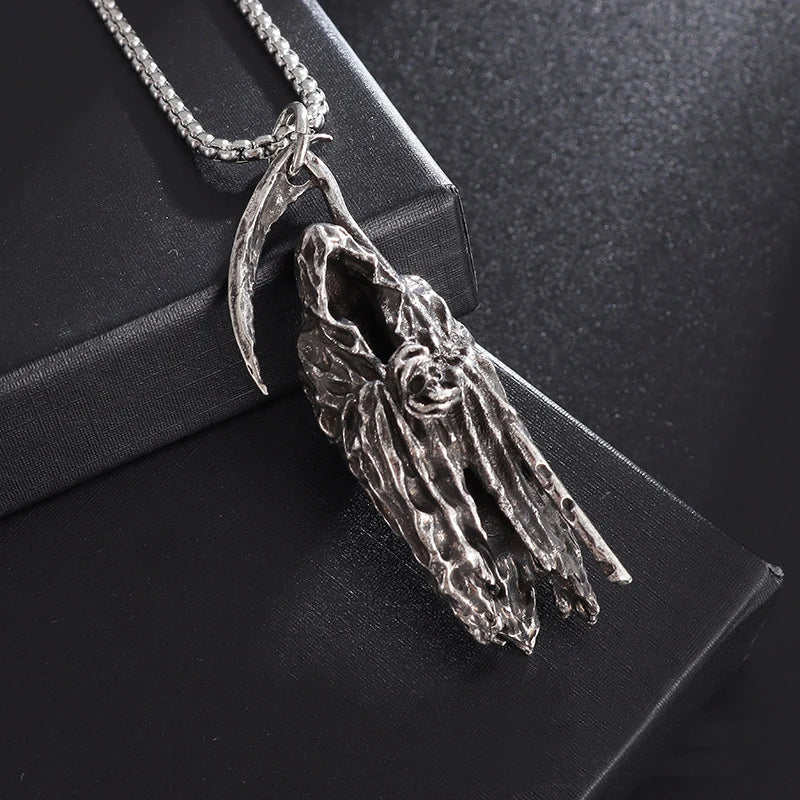 Retro Cloaked Grim Reaper with Sickle Pendant Necklace For Men Hip Hop Punk Silver Color Stainless Steel Neck Chain