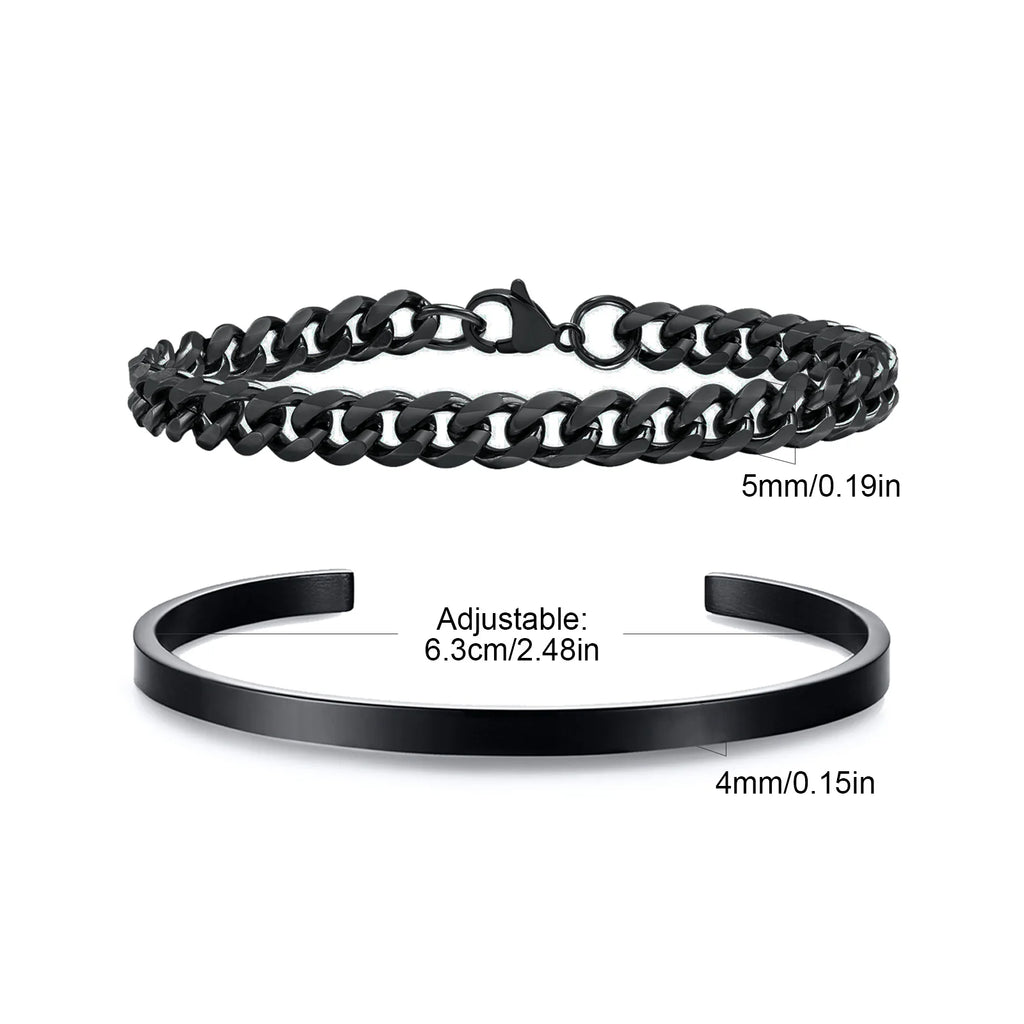 Men's 2pcs Set Simple Fashion Cuban Snake Link Chain Bracelet Stainless Steel Open Cuff Bangle Punk Hip Hop Jewelry Set