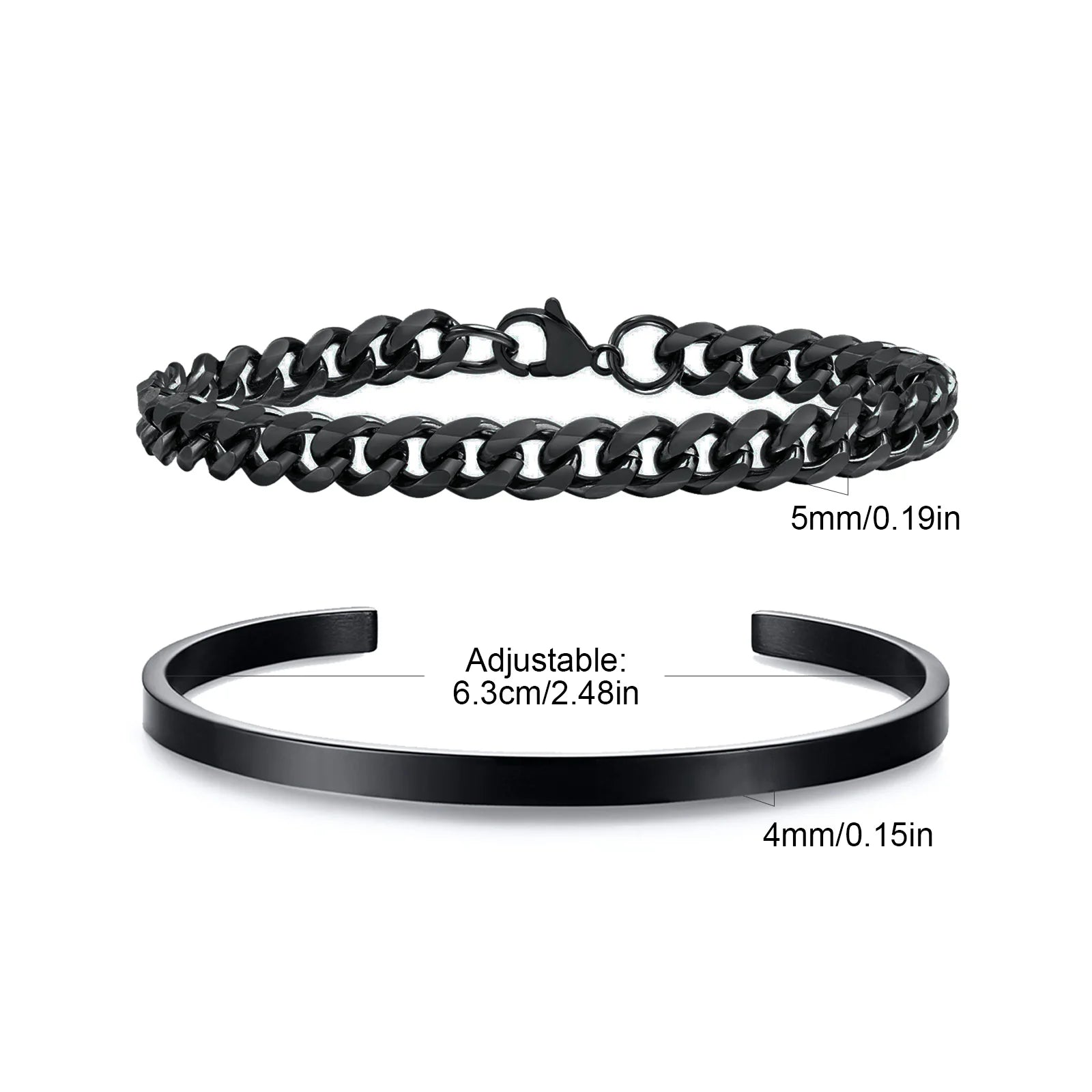 Men's 2pcs Set Simple Fashion Cuban Snake Link Chain Bracelet Stainless Steel Open Cuff Bangle Punk Hip Hop Jewelry Set