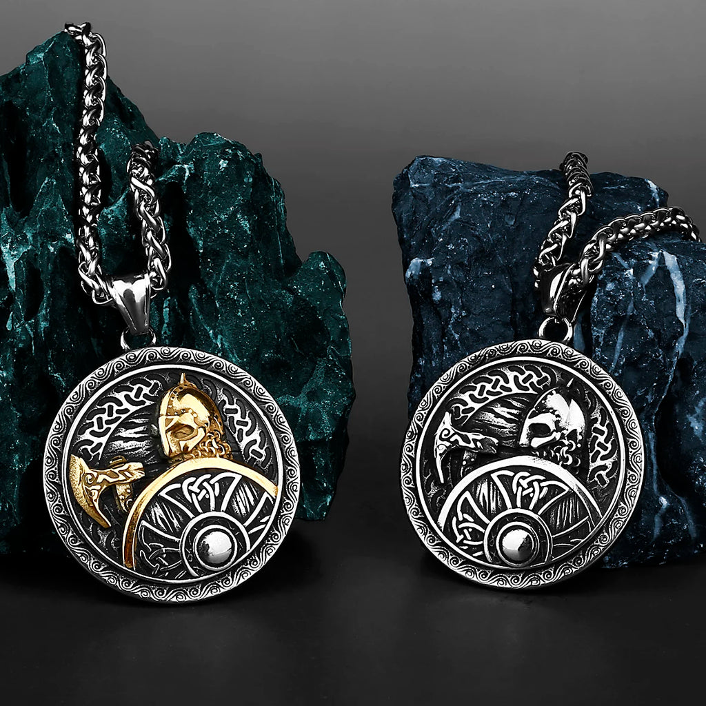 Nordic Viking Odin Warrior Axe Shield Retro Pop Pendant Necklace Stainless Steel Amulet Necklace Men's Gift Jewelry Wholesale