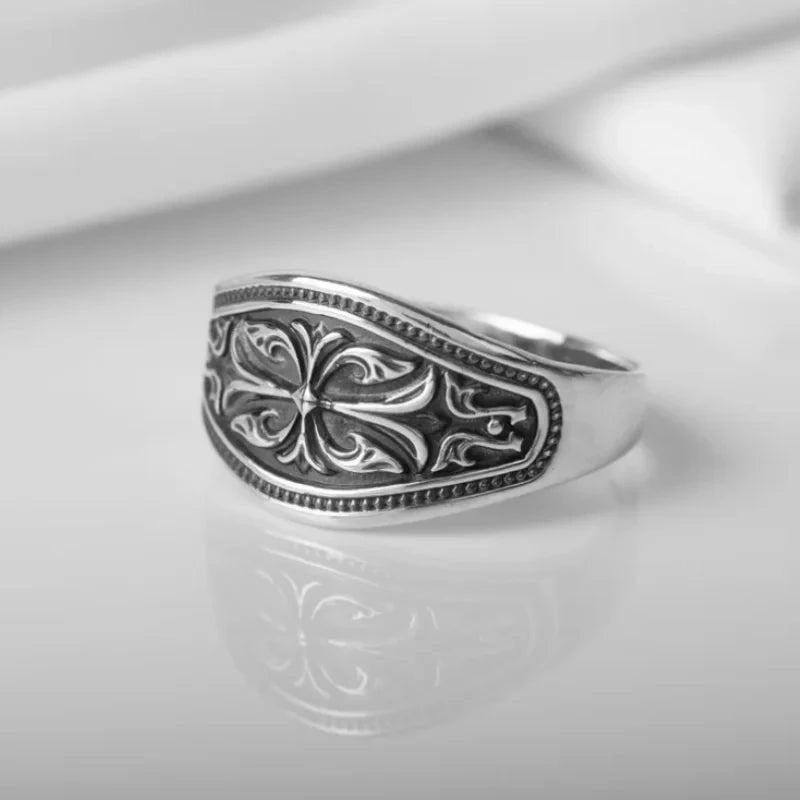 Wave Pattern Cross Ring — Stainless Steel
