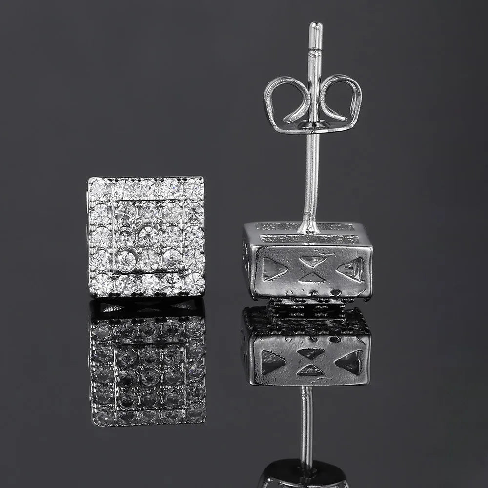 Silver Iced Out Square Stud Earrings CZ