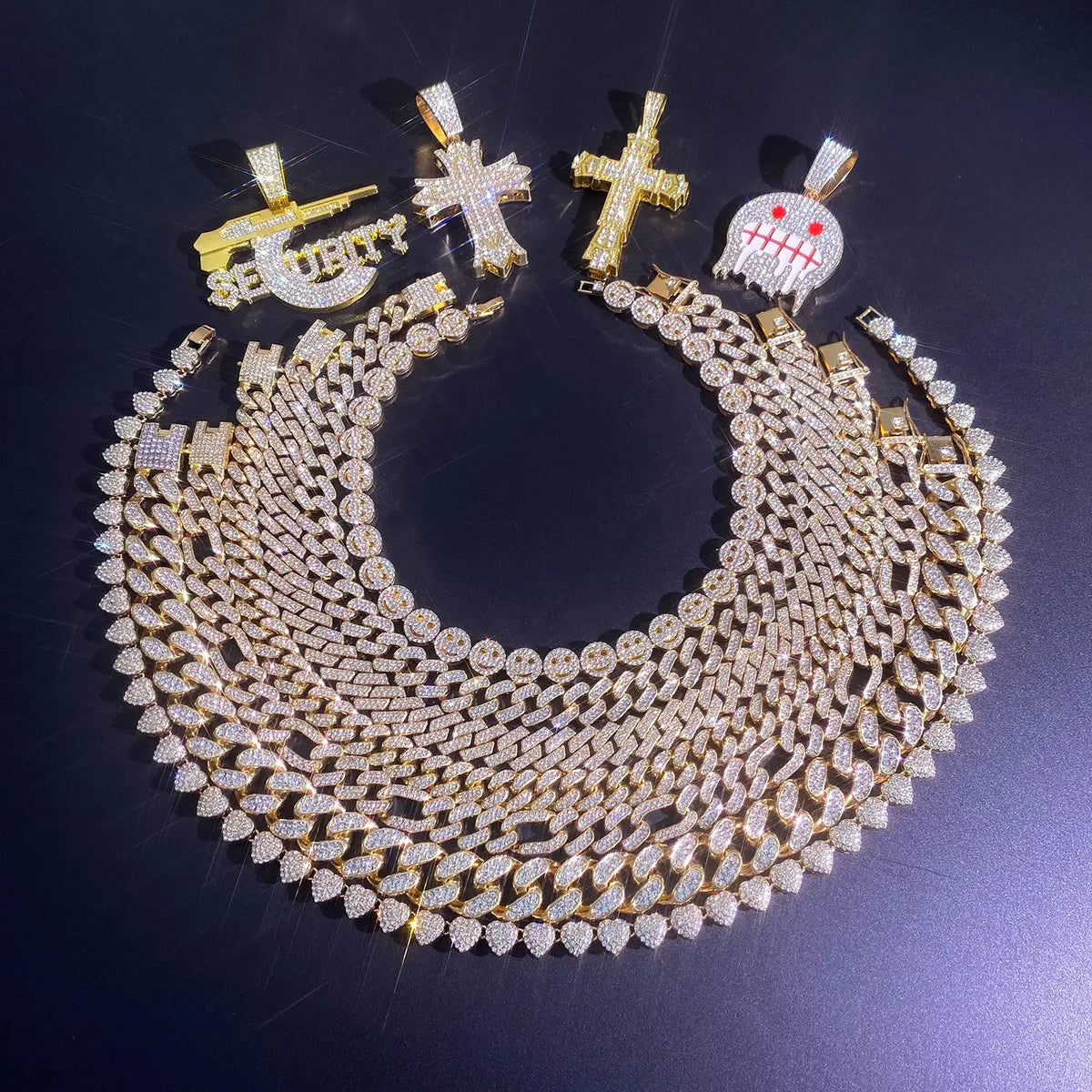 Full Crystal Cross Pendant Cuban Chain Necklace — Two-Tone