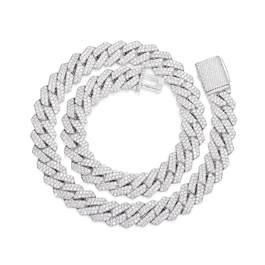 Wide 14mm Rhombus Double Row Cuban Necklace designed for men, delicate artificial diamonds mounted on PT950 Platinum chain