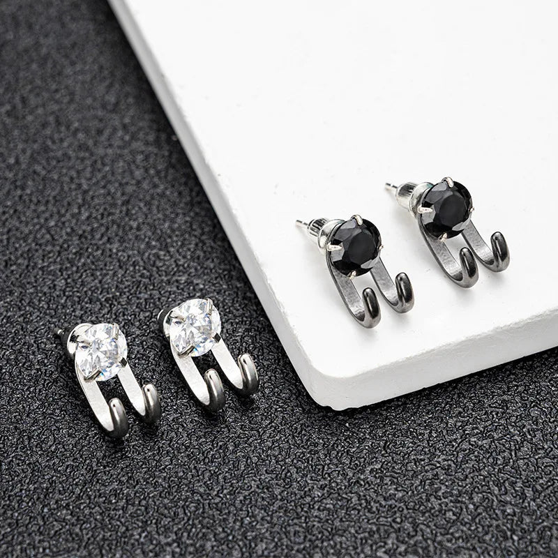 Double Claw Hook Stud Earrings with CZ Crystal for Men & Women