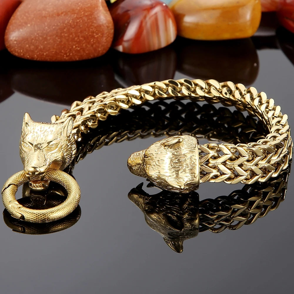 Viking Wolf Head Bracelet for Man With Square Franco Link Chain Stainless Steel Men's Bracelets Masculine Norse