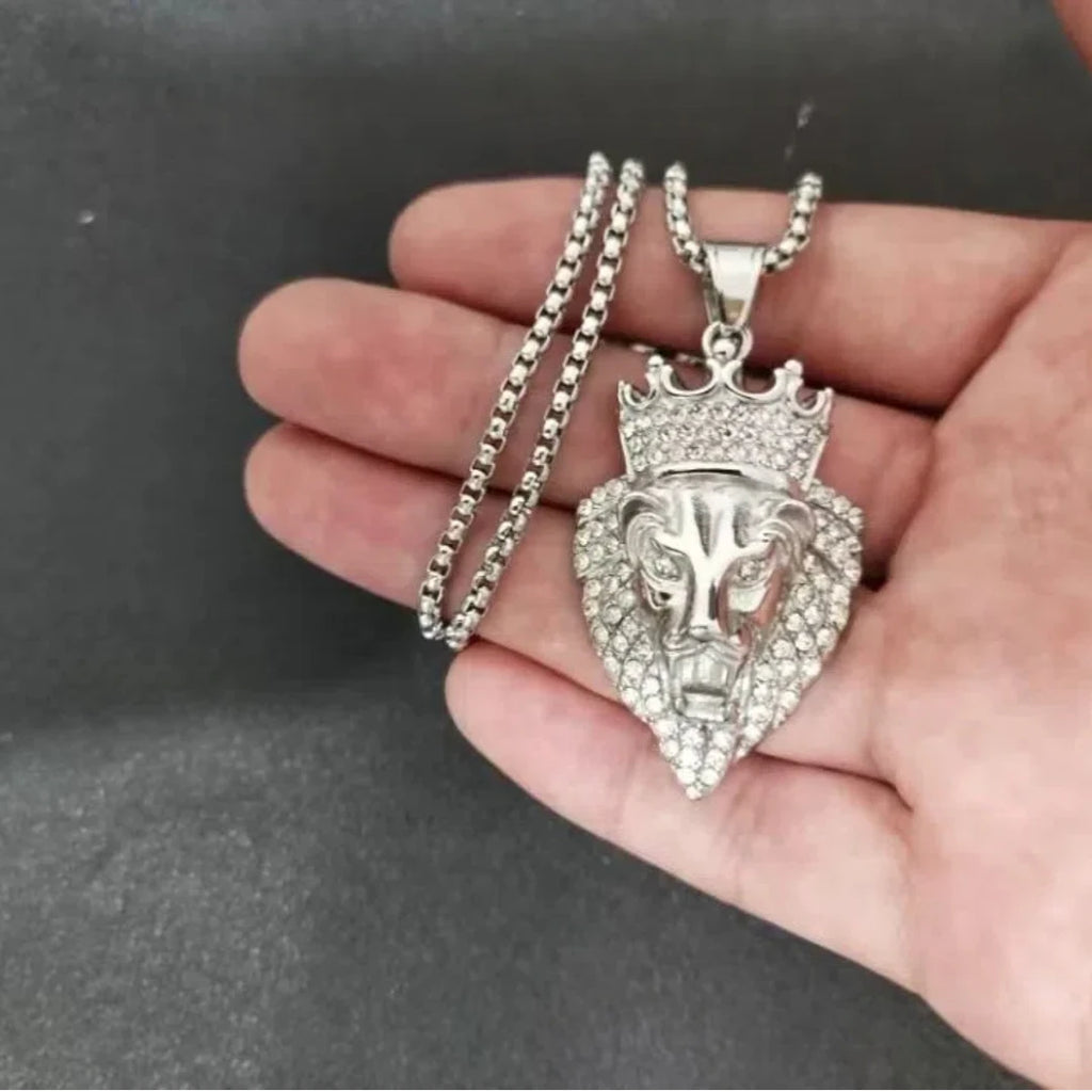 Iced Out Crown Lion King Pendant — Two-Tone