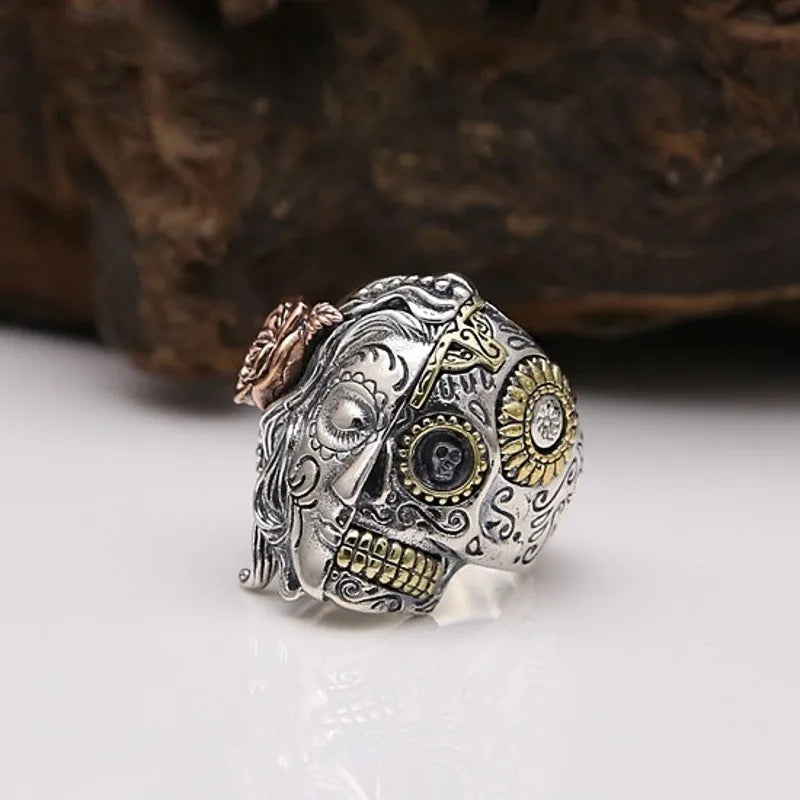 BOCAI New S925 Sterling Silver Jewelry Vintage Punk Double-sided Face Skull Ring Men's Selected Gift