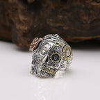 BOCAI New S925 Sterling Silver Jewelry Vintage Punk Double-sided Face Skull Ring Men's Selected Gift