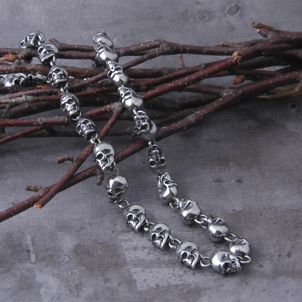 Stainless steel new design men punk skull chain necklace men fashion stainless steel charm bracelet jewelry with wooden