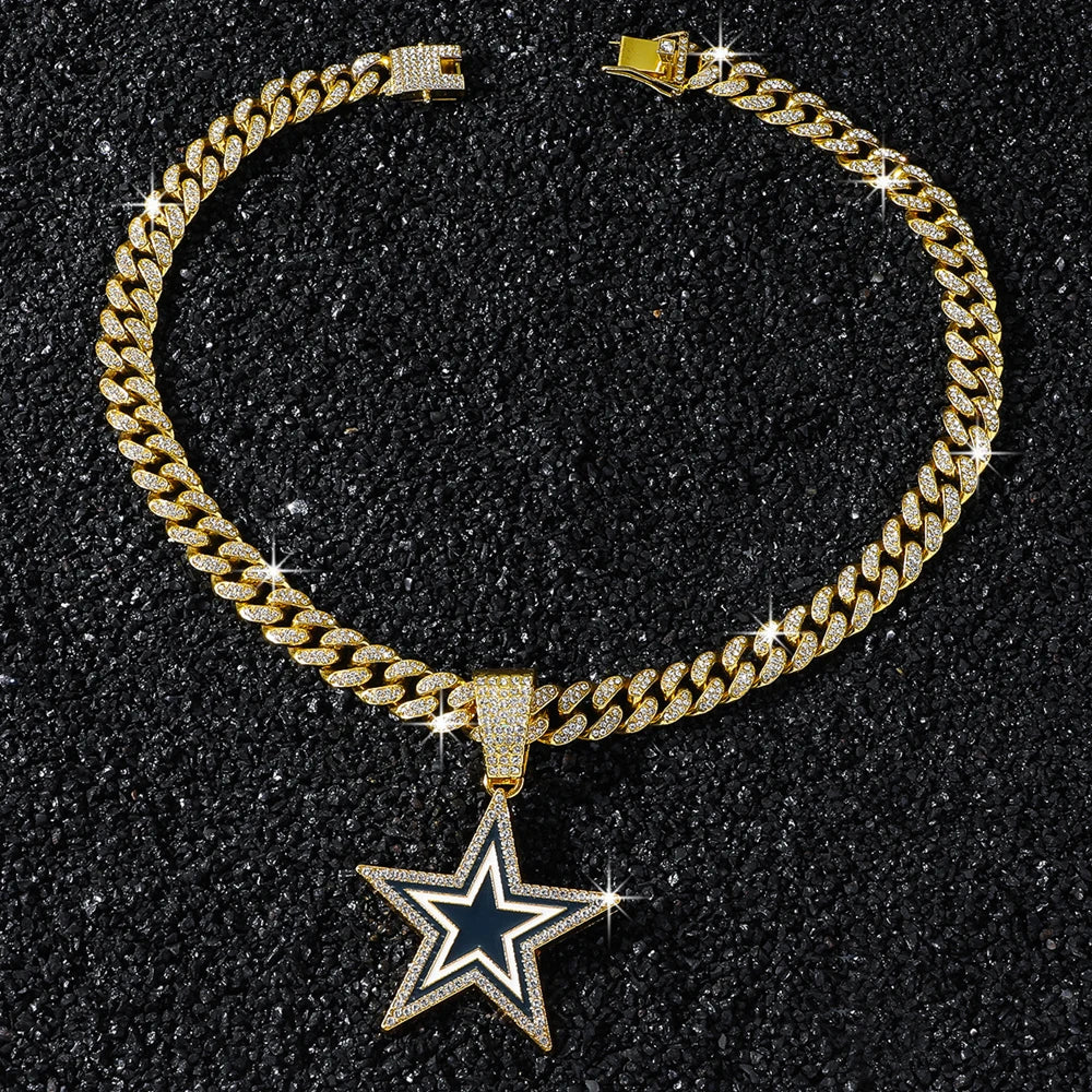 Men Women Hip Hop Five-Pointed Star Pendant Necklace,with Cuban Chain Punk Star Necklaces Fashion Jewelry,Sports Fan Gift Idea