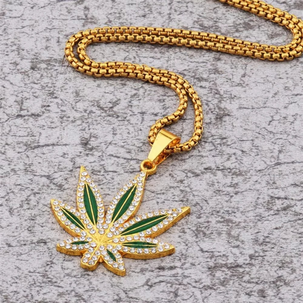 FTCY Rhinestone Maple Leaf Pendant Necklace For Men Women Personalized Punk Hip-hop Gold Color Necklace Jewelry Gift