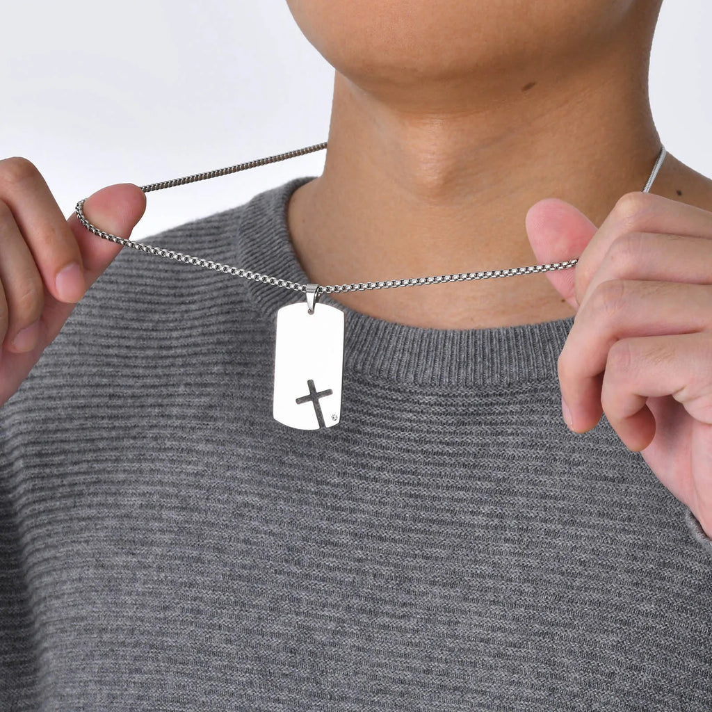 Hollow Cross DogTag Necklaces for Men,Waterproof Stainless Steel Pendant Necklaces,Religious Faith Christ Gift Jewelry