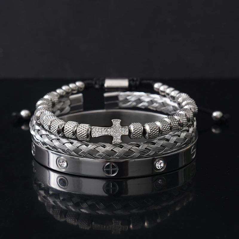Luxury Stainless Steel Beads Cross Charms Man Bracelet CZ Bangles Women Jewelry Set Gift