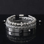 Luxury Stainless Steel Beads Cross Charms Man Bracelet CZ Bangles Women Jewelry Set Gift
