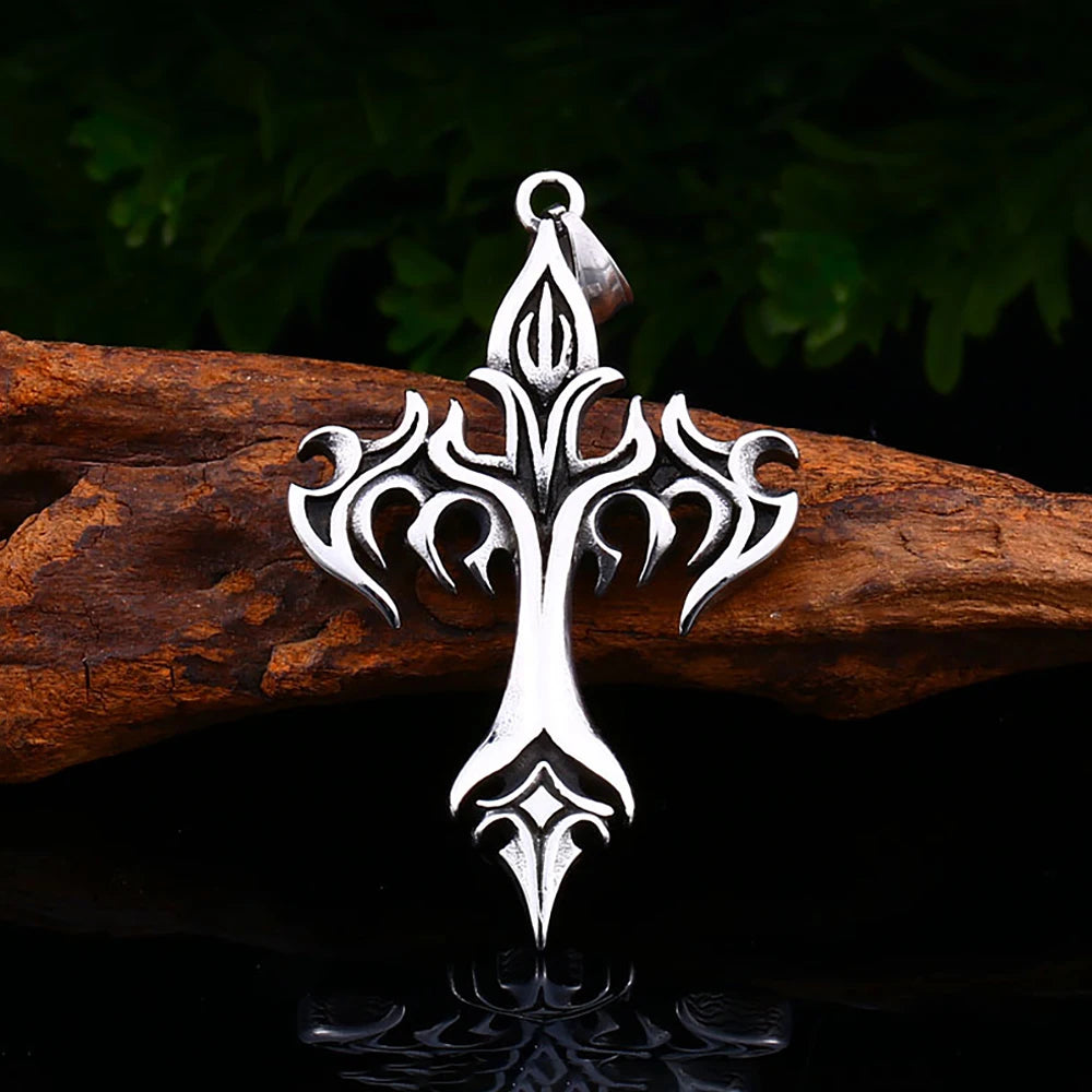 Vintage 316L Stainless Steel Flame Cross Pendant Necklace Hip Hop Fashion Casting Men Necklaces Party Jewelry Gifts Dropshipping