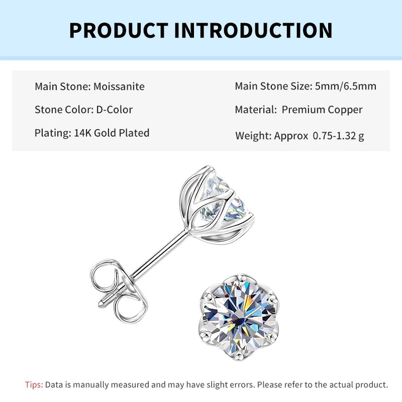 Rrjzz Certified 0.5CT-1CT D Color VVS1 Moissanite Stud Earrings 925 Sterling Silver Plated Hypoallergenic Earrings for Men Women