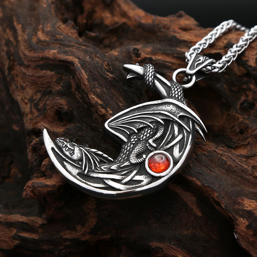 Dragon Stone Moon Pendant — Stainless Steel