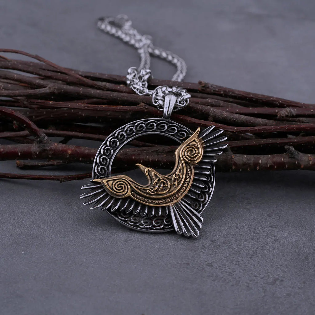 Stainless Steel Viking Odin Raven Necklace Men Vintage Huginn Muninn Celtic Knot Fashion Amulet Pendant Jewelry Gifts