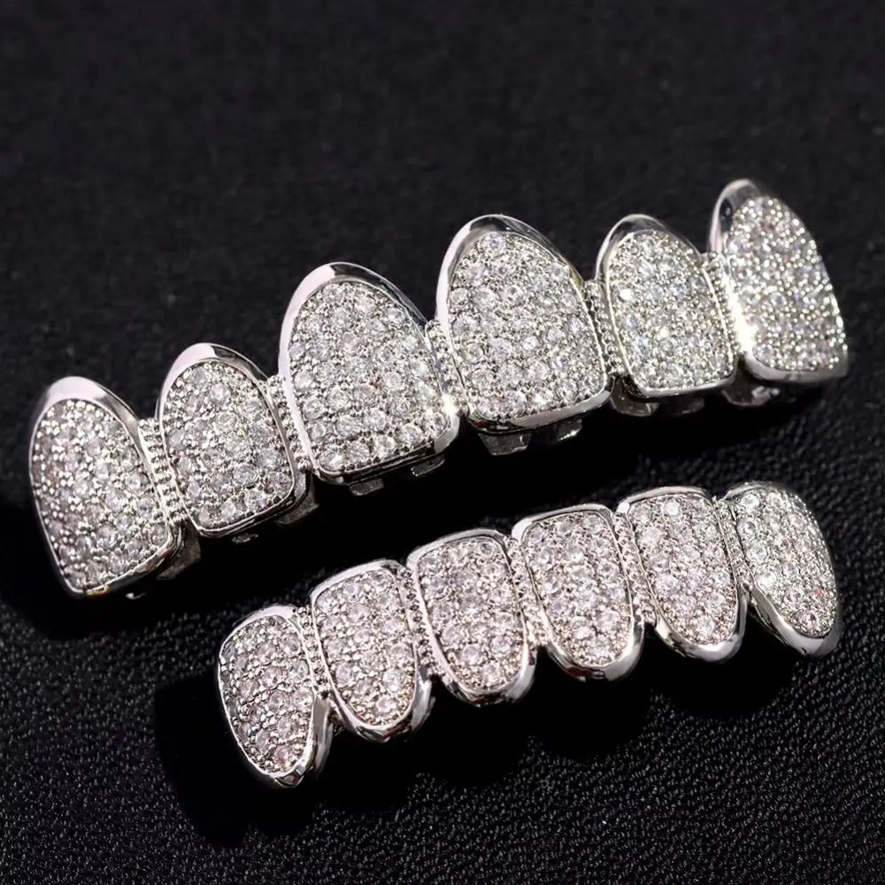 Rhinestone Teeth Grillz Set Top & Bottom Hollow Removable Caps