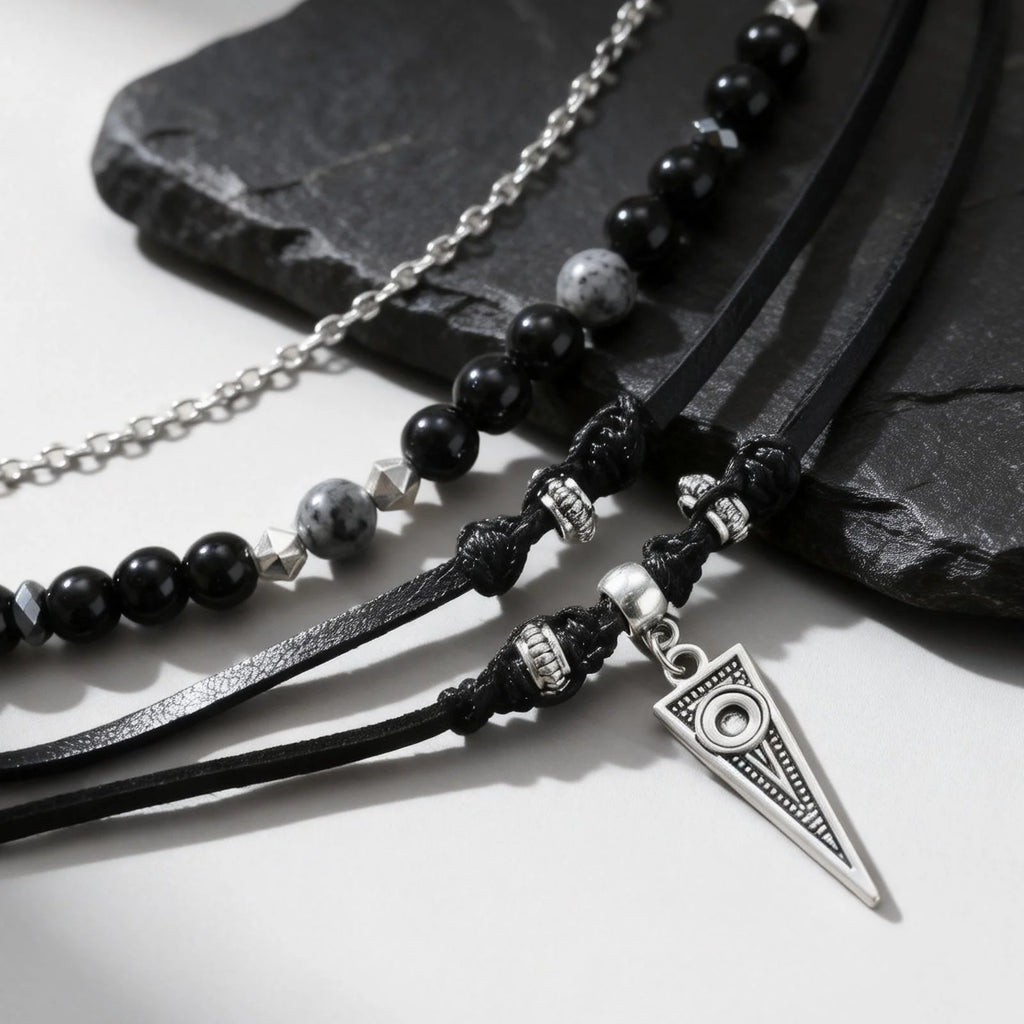 Multi-Layer Leather Pendant Necklace — Black