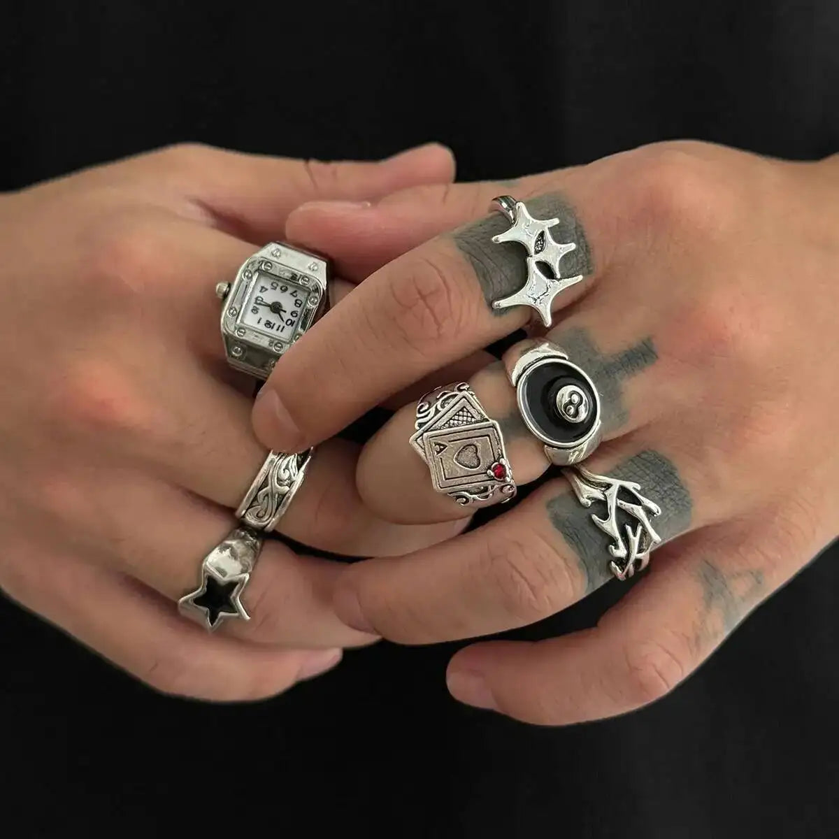 Gothic Silver Pentagram Poker Stack Ring — Silver