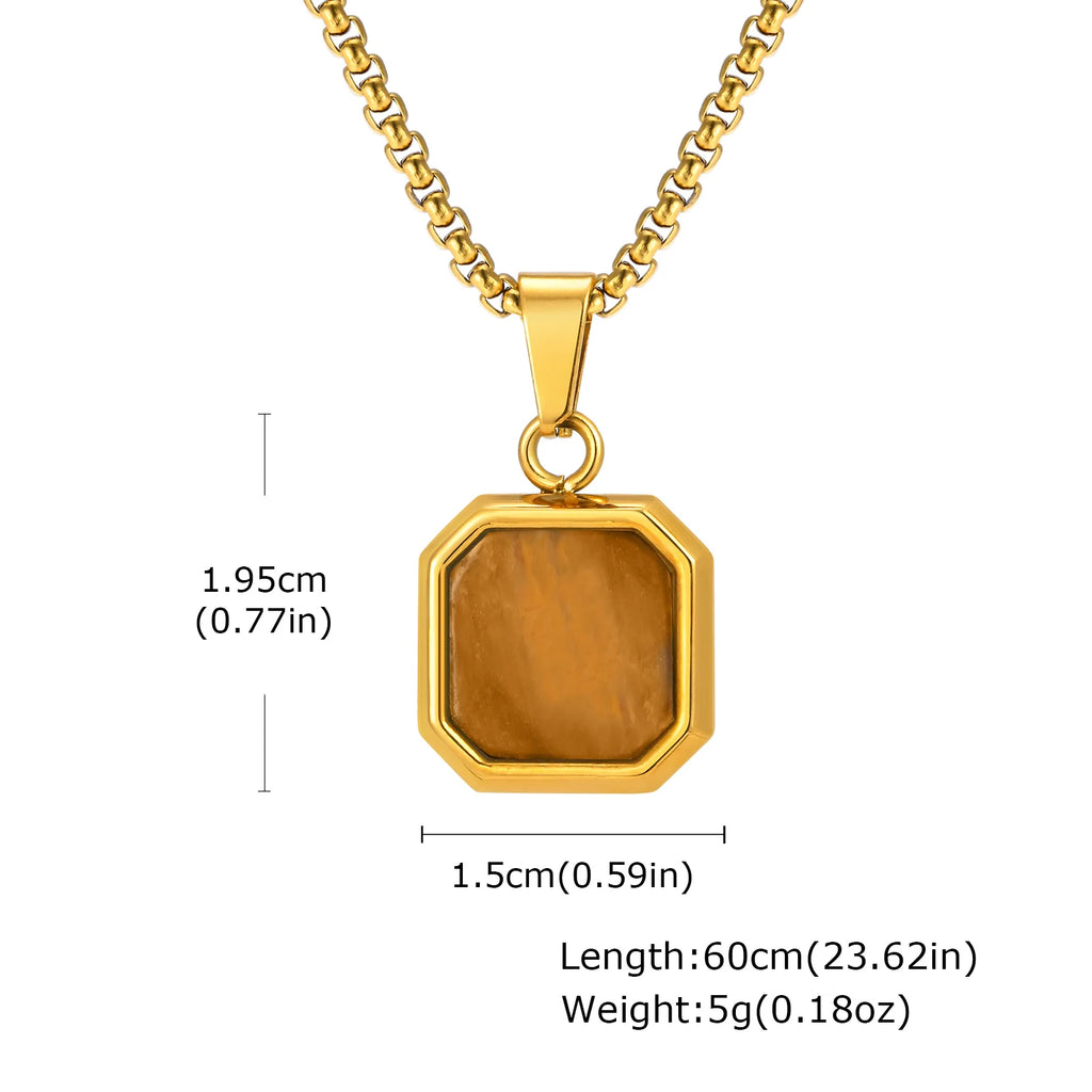 Fashion High Quality Natural Stone Square Pendant Stainless Steel Long Chain Necklace Trendy Simple Popular Jewelry for Men Gift