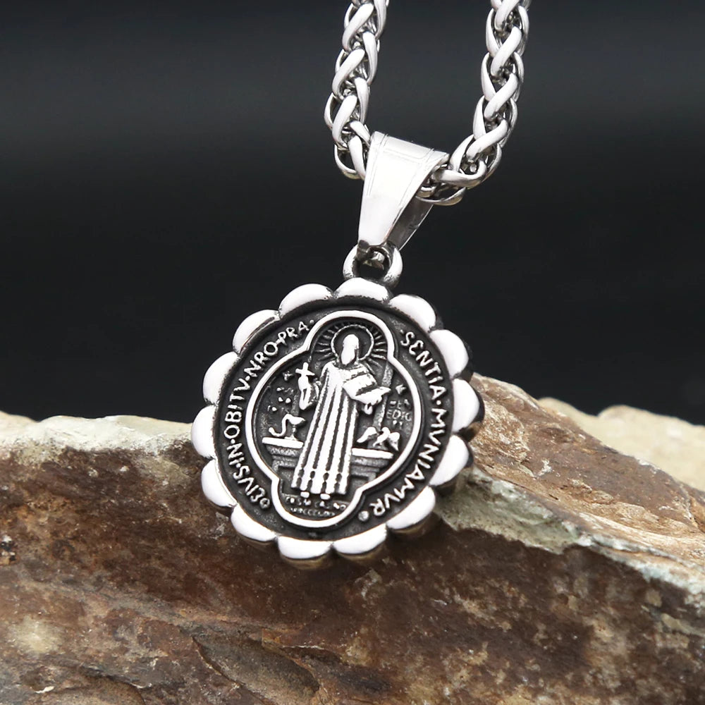 Cross Saint Benedict Steel Pendant Vintage Catholic