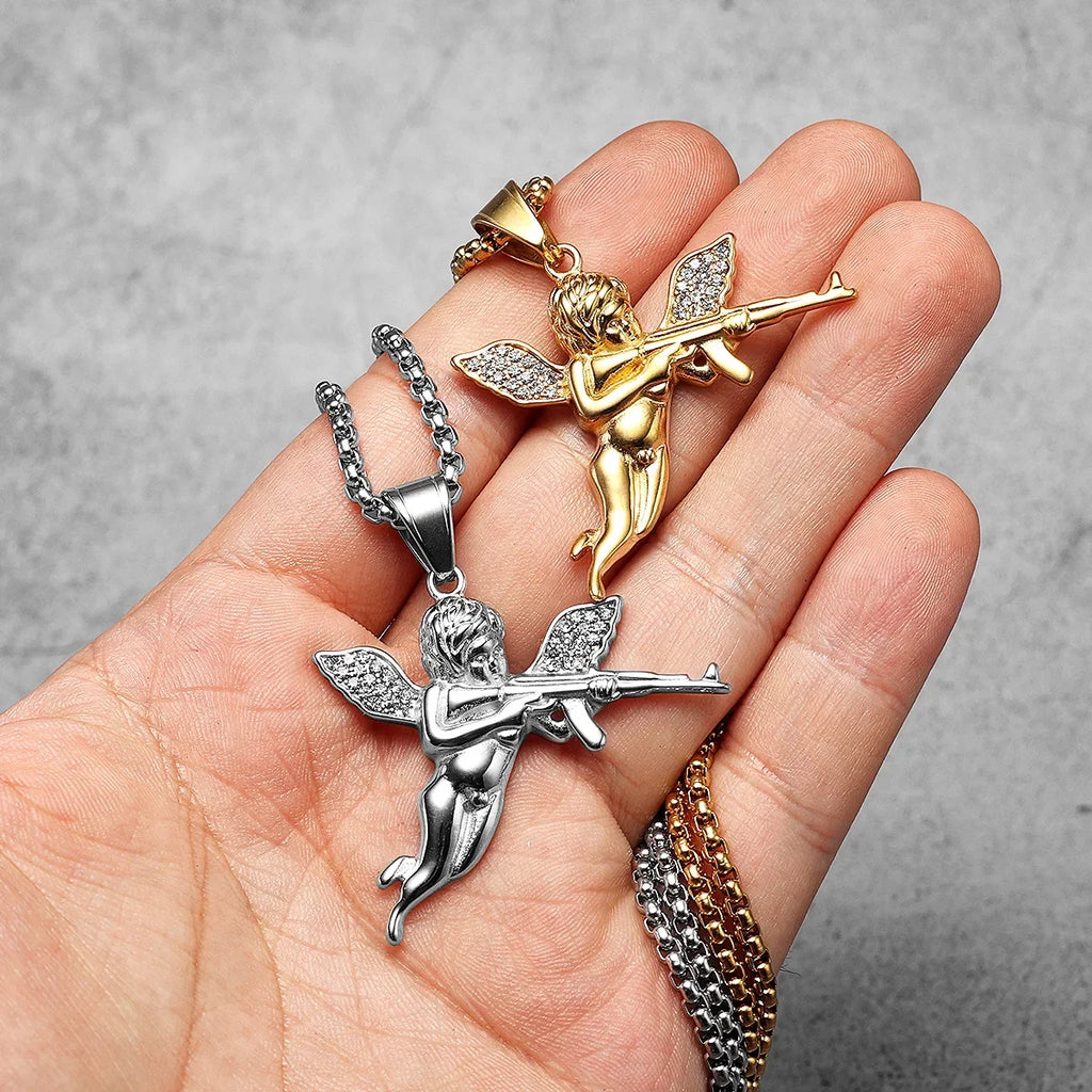 Angel Cupid AK47 Gun Amulet Men Necklaces Stainless Steel Pendant Chain Women Jewelry HipHop Rock Accessories Gifts Wholesale