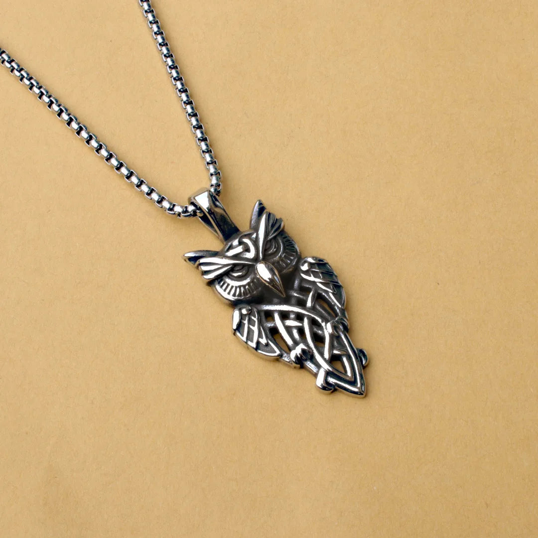 Silver Owl Pendant Necklace Viking Style