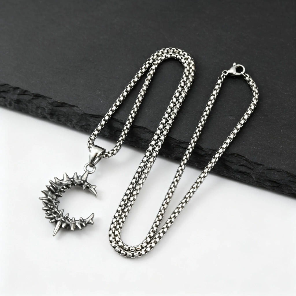 Gothic Thorn Moon Necklace for Men Boys,Vintage Stainless Steel C Shape Pendant Necklace,Birthday Party Jewelry Gift