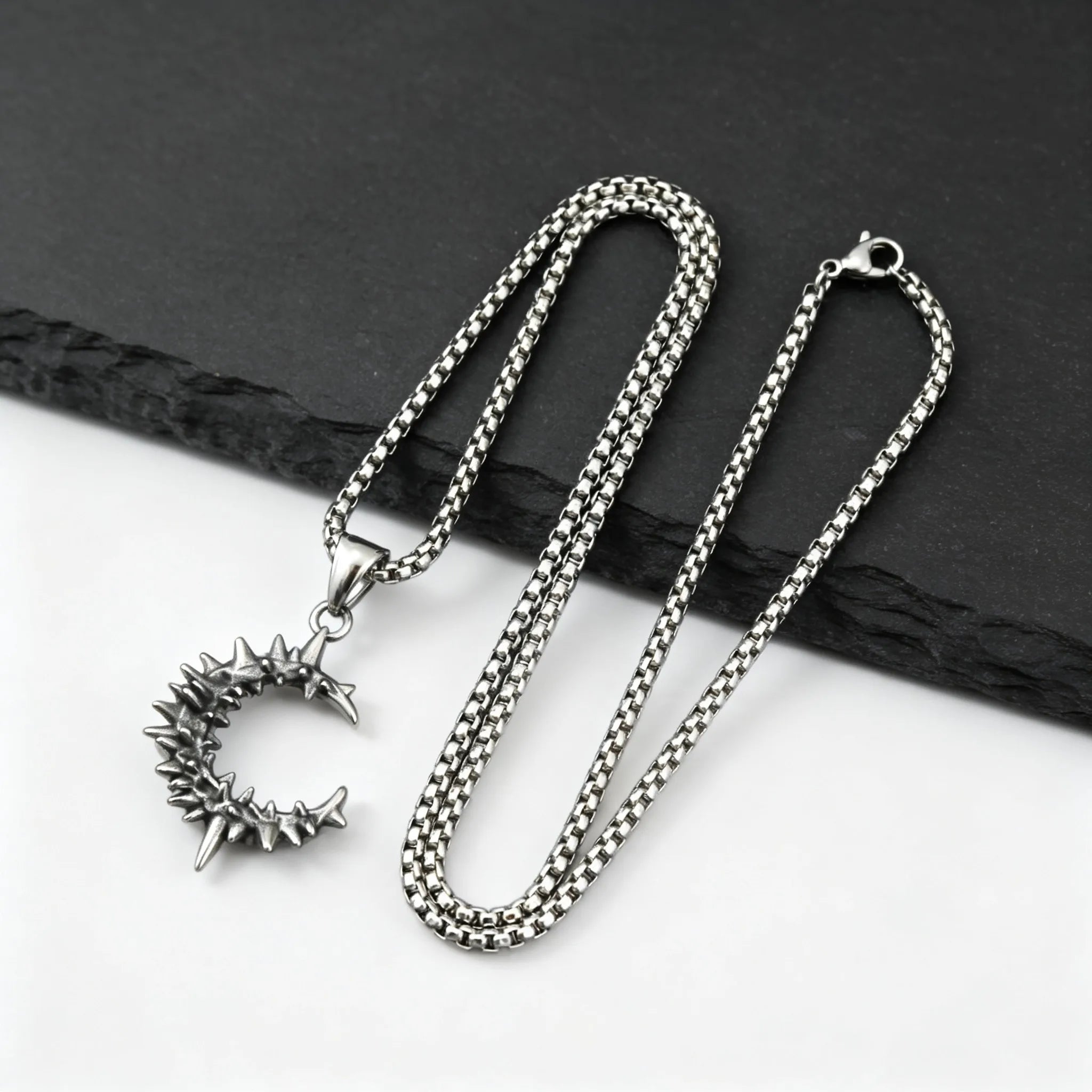 Gothic Thorn Moon Necklace for Men Boys,Vintage Stainless Steel C Shape Pendant Necklace,Birthday Party Jewelry Gift