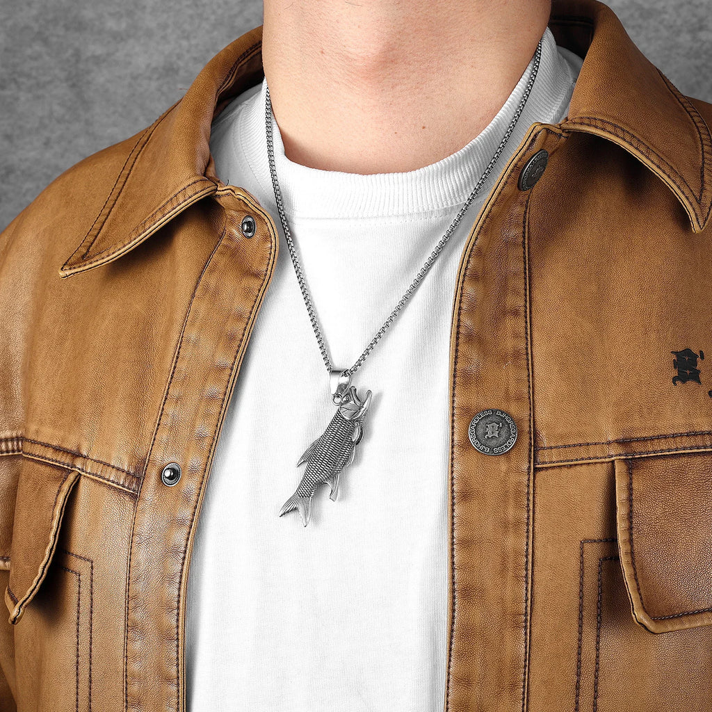 Vintage Fish Trout Men Necklaces with Pendant Stainless Steel Punk Jewelry Cool for Angler Gift Daily Wear Hip Hop Accessories