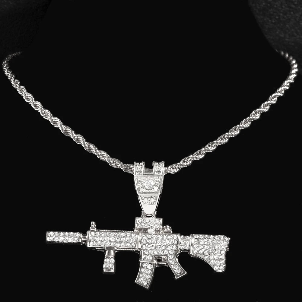 Men Women 14MM Cuban Chain AK47 Gun Pendant Necklace Iced Out AAA Rhinestone Prong Miami Cuban Link Chain Hip Hop