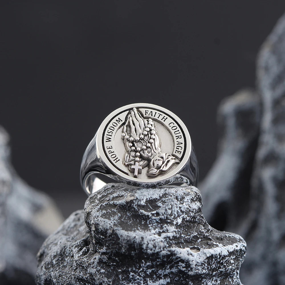 Praying Hands Cross Ring — 925 Silver