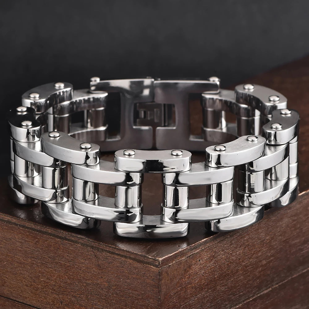 Solid Stainless Steel 22MM Width Motorcycle Bike Chain Men Bracelet Wristband Male Bangles Rock And Roll Men's Jewelry