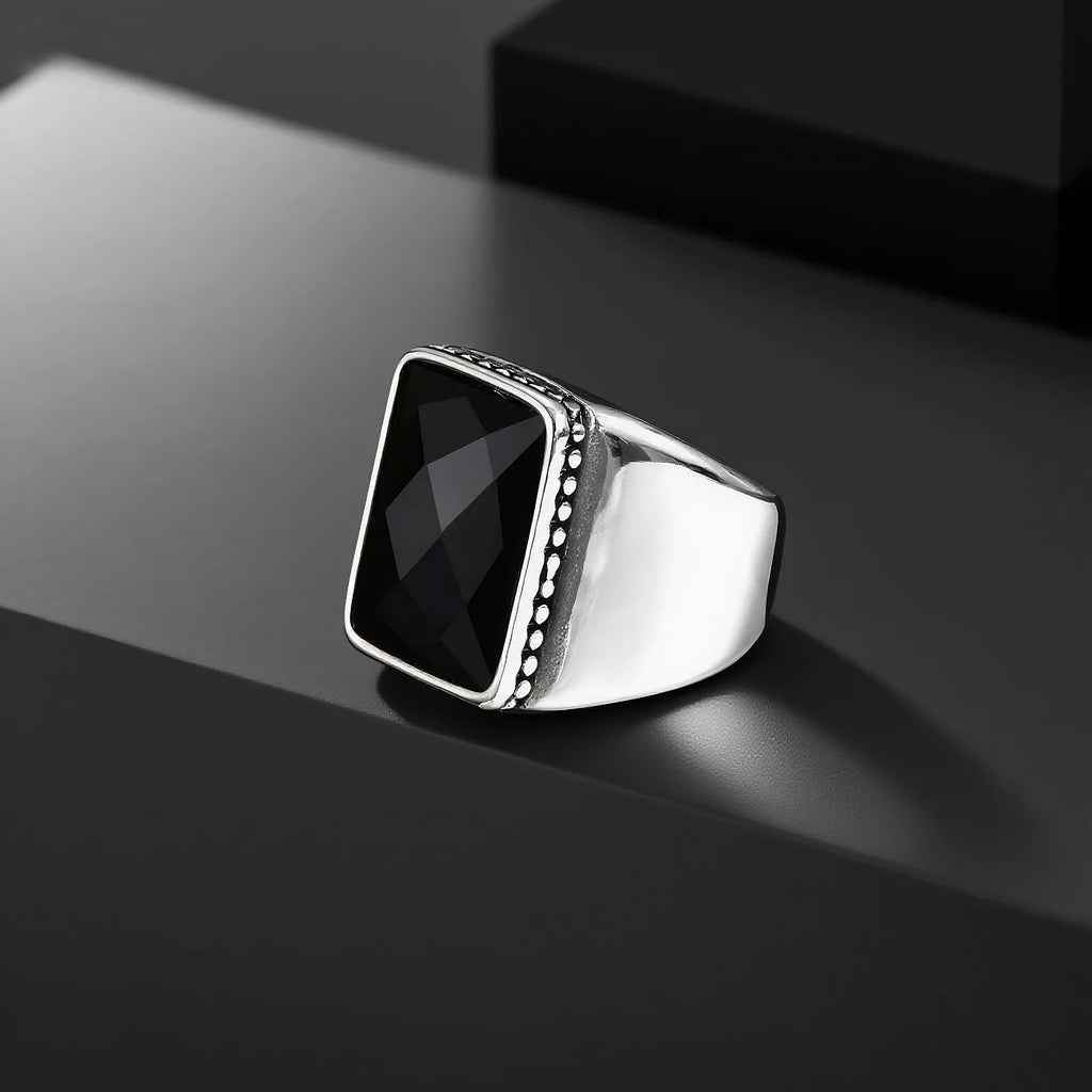 Simple Retro Black Cubic Glass Signet Ring for Men, Geometric Square Stainless Steel Ring, Fashion Punk Finger Jewelry size 7-12