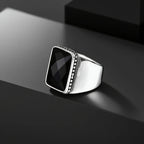 Simple Retro Black Cubic Glass Signet Ring for Men, Geometric Square Stainless Steel Ring, Fashion Punk Finger Jewelry size 7-12