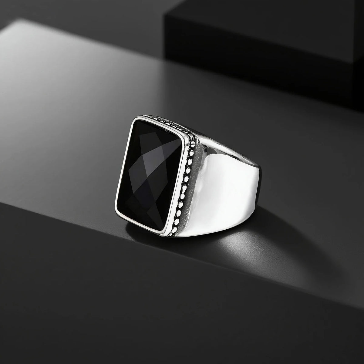 Simple Retro Black Cubic Glass Signet Ring for Men, Geometric Square Stainless Steel Ring, Fashion Punk Finger Jewelry size 7-12
