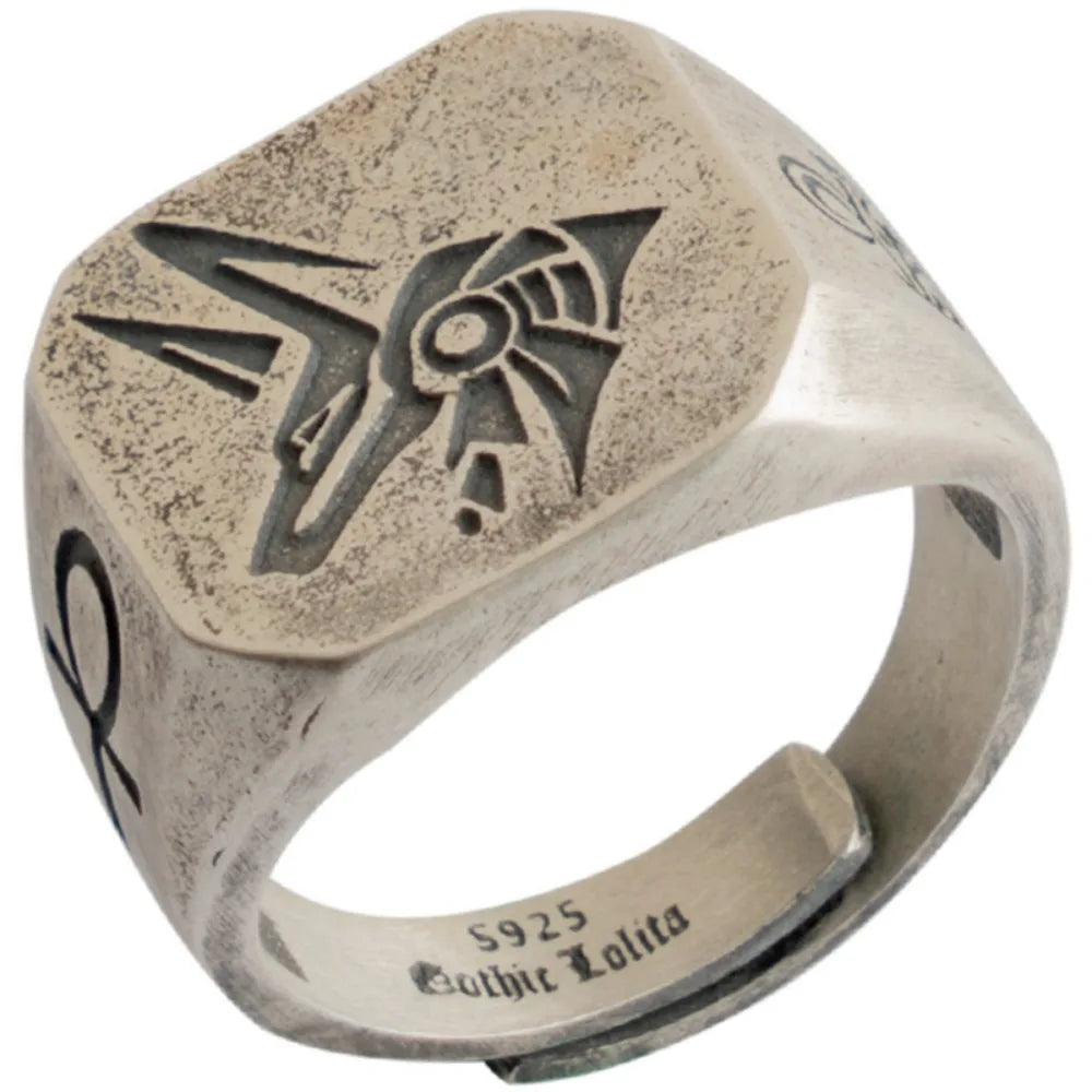 New Vintage Fashion Trend Ancient Egyptian Gods Eye of Horus Death Anubis Graphic Ring Men's Open Adjustable Ring