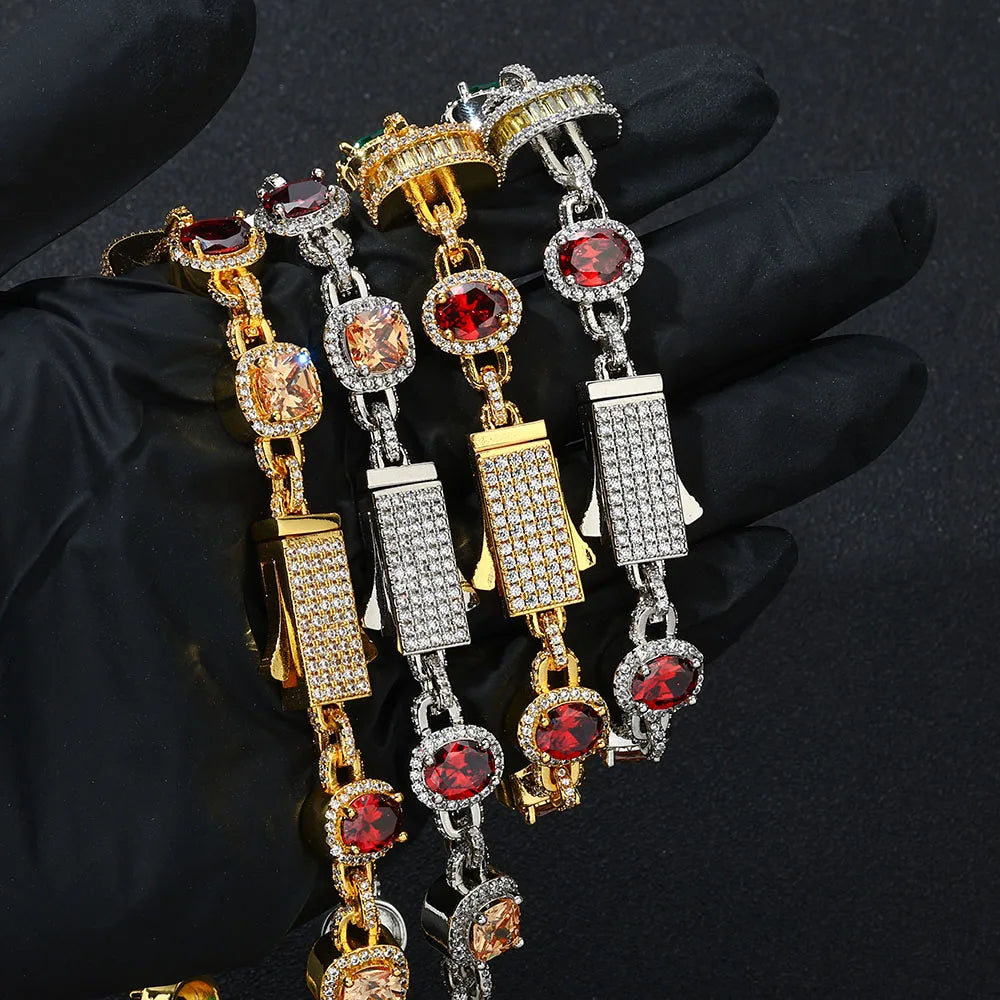 Gold Iced Out Chain Necklace Ruby Emerald 18K