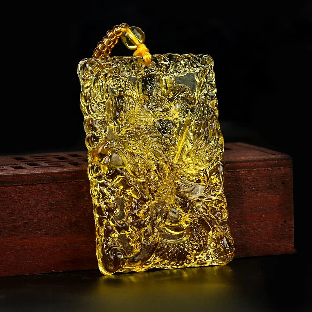 Chinese Citrine Guan Yu Pendant Necklace Lucky Ward Off Evil Spirits Auspicious Amulet Sweater Chain Protection Jewelry Gift