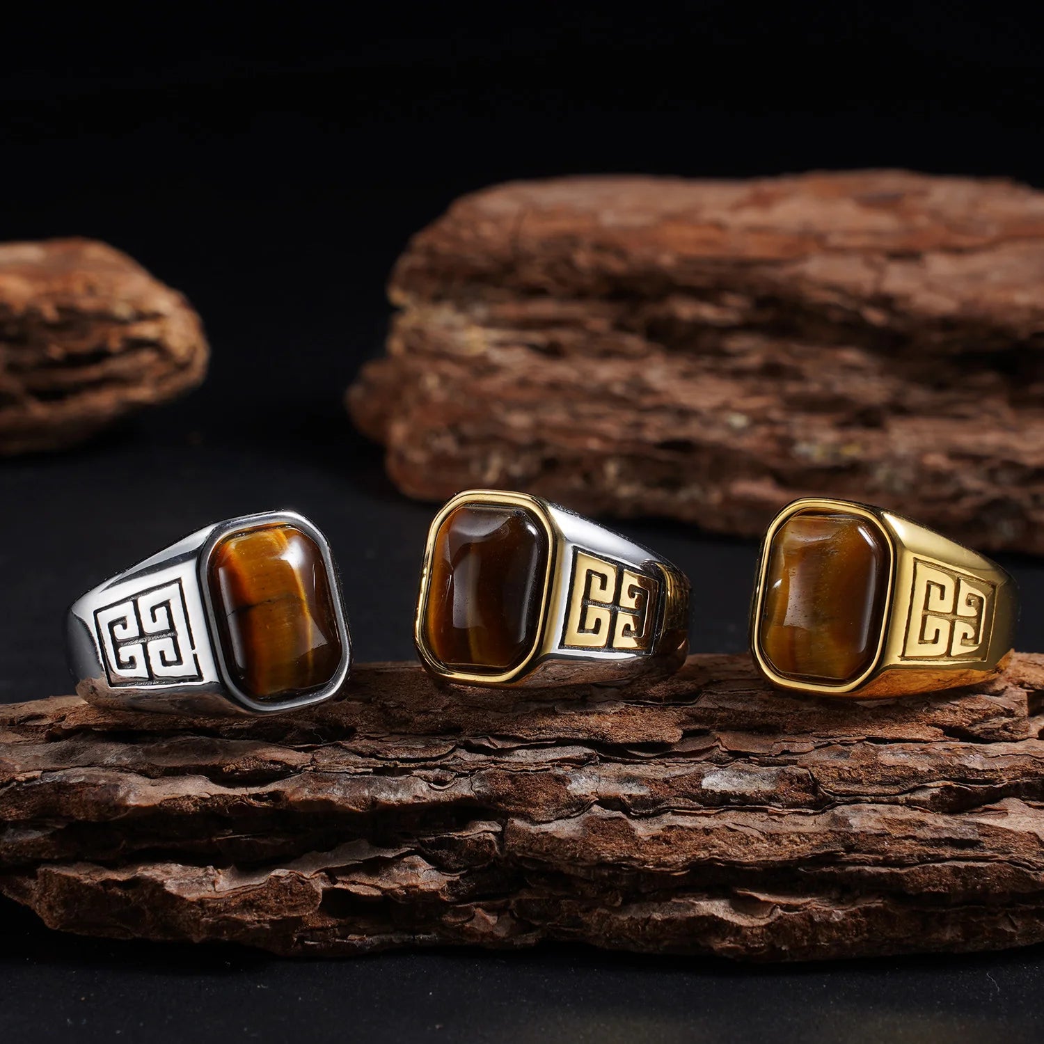 1pc Men's Vintage 316L Stainless Steel Ring with Natural Tiger's Eye Stone Intricate Detailing, Durable Unisex Jewelr